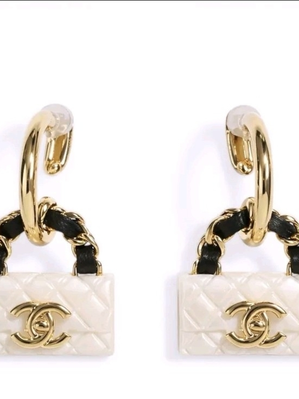 Chanel 2023 Pearly White , Gold & Cream Quilted Hoop Pierced Earrings